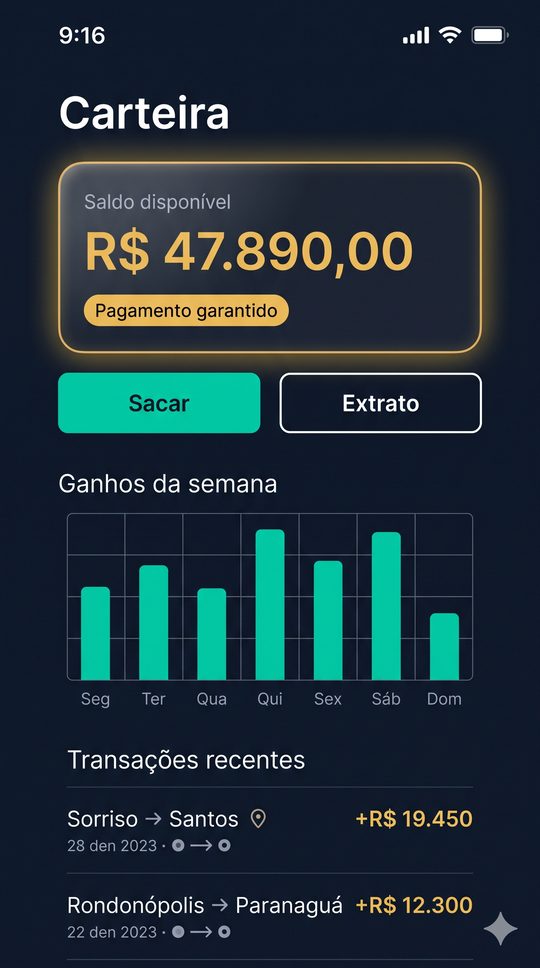Tela Carteira e ganhos do app FreteGestor