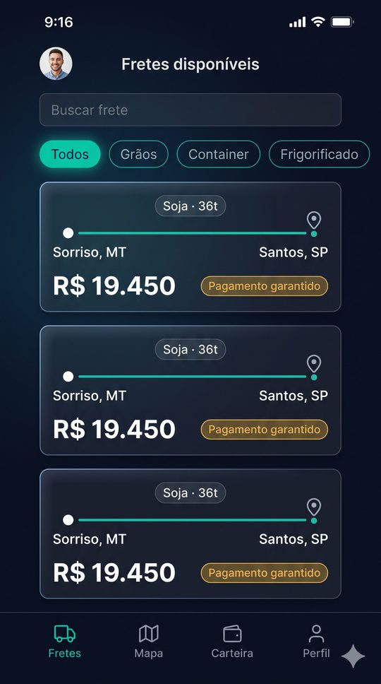 Tela Fretes disponíveis do app FreteGestor